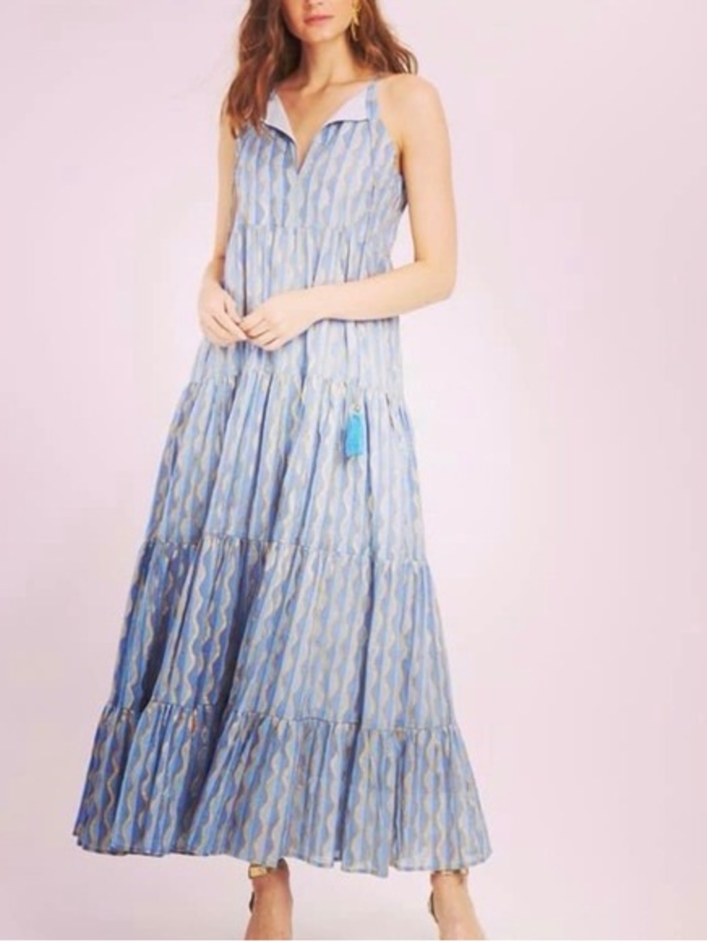 Oliphant Blue Printed Tiered Maxi Dress - XS
